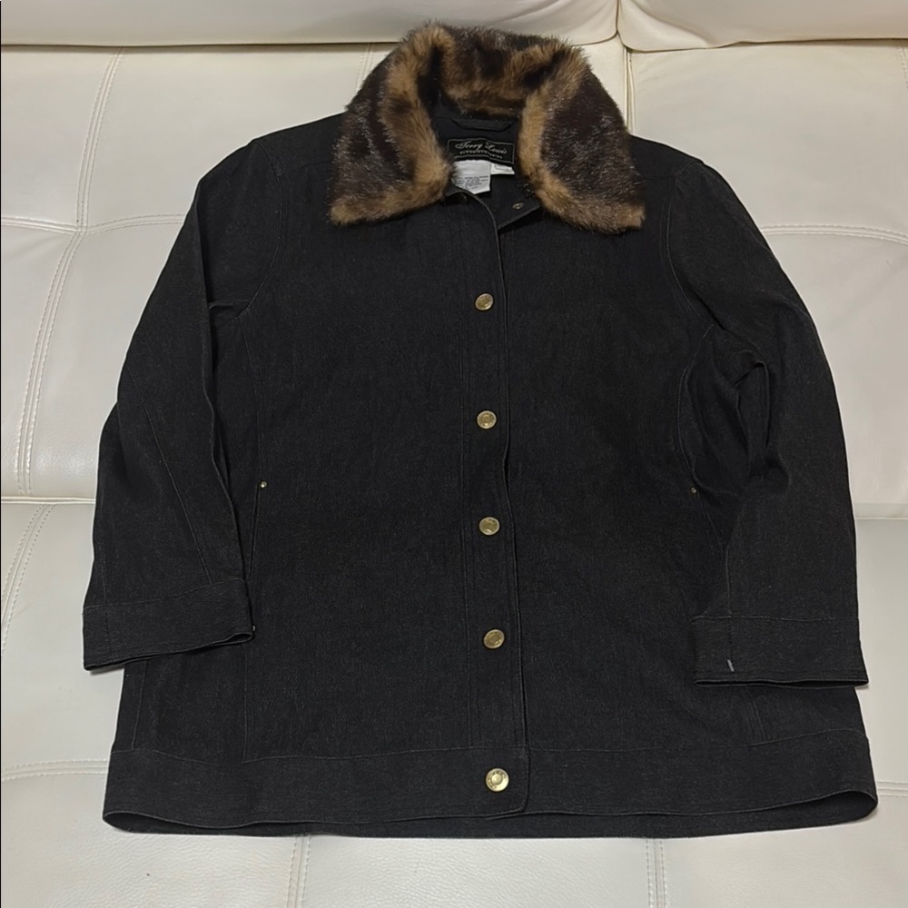 Terry Lewis Luxuries Dark Blue Denim Jacket  with Faux Fur Collar